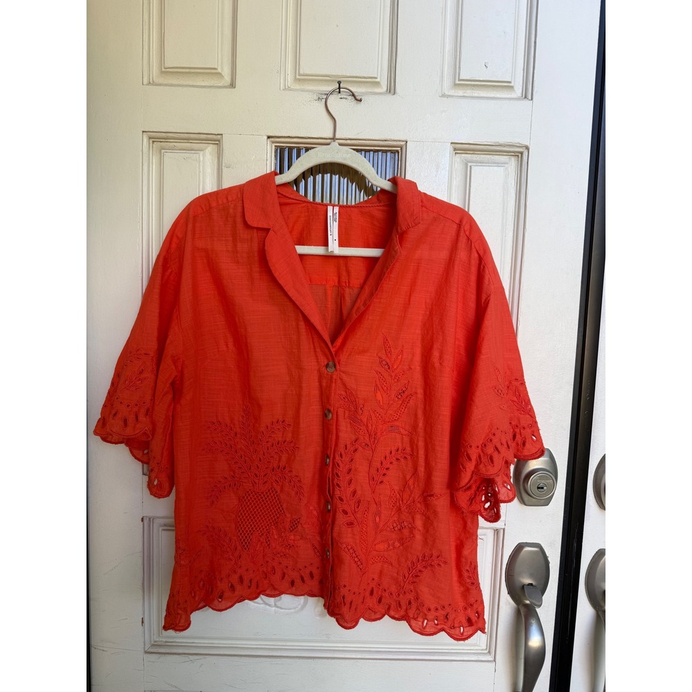 Anthropologie Orange Eyelet Embroidered Cotton Button Down Shirt Size Medium